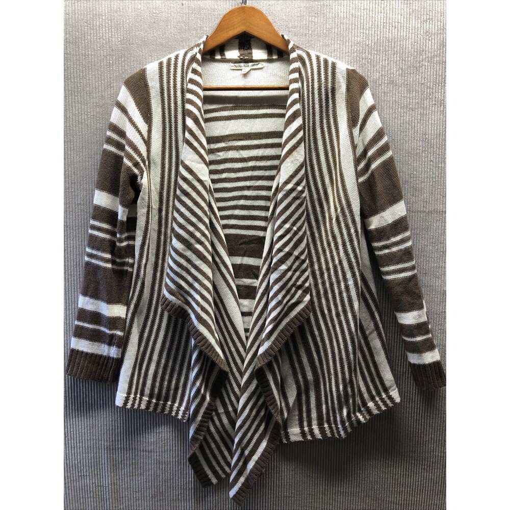 Pink Rose Knit Cardigan Women M Brown White Stripe Waterfall Front Cozy Boho